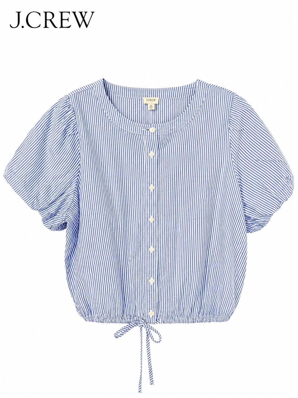 J.Crew Factory Blue White Stripe Puff Sleeve Tie Front Blouse XL Cotton NWT